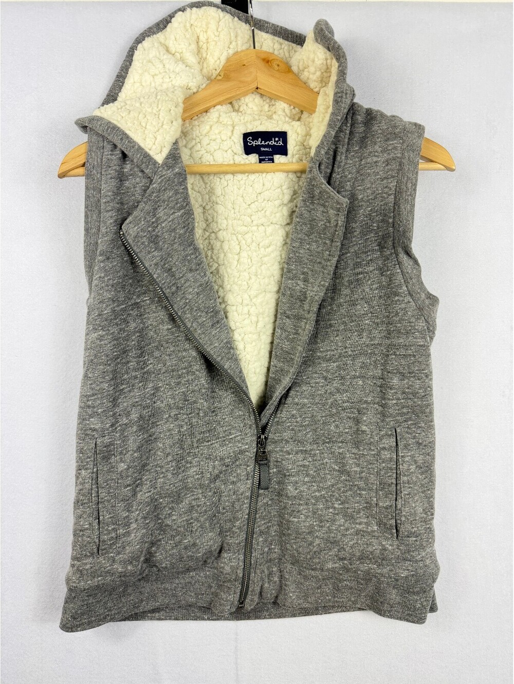 Splendid Small Gray Hooded Vest Sherpa Lined Sleeveless Zip Up USA Made Casual